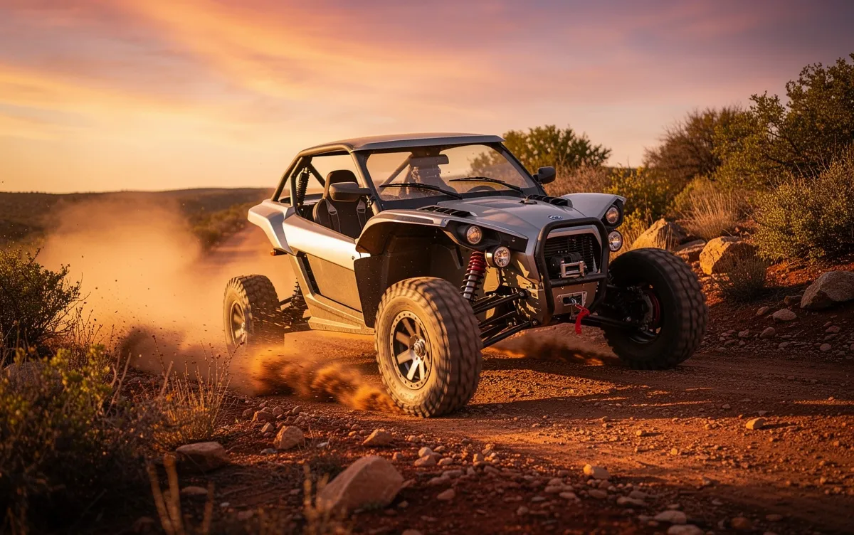 Un buggy électrique abordable roule sur un sentier accidenté au coucher du soleil, soulevant de la poussière dans une lumière dynamique.