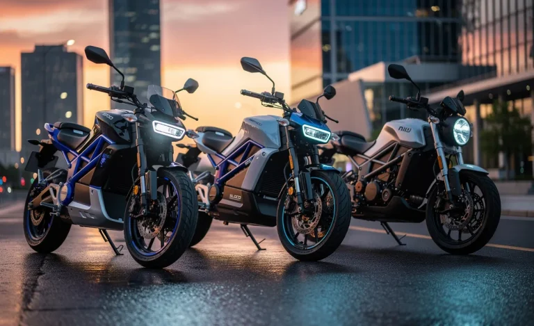Trois motos électriques 125cc alignées sur une rue urbaine au coucher du soleil, leurs phares allumés reflétant la silhouette de la ville.