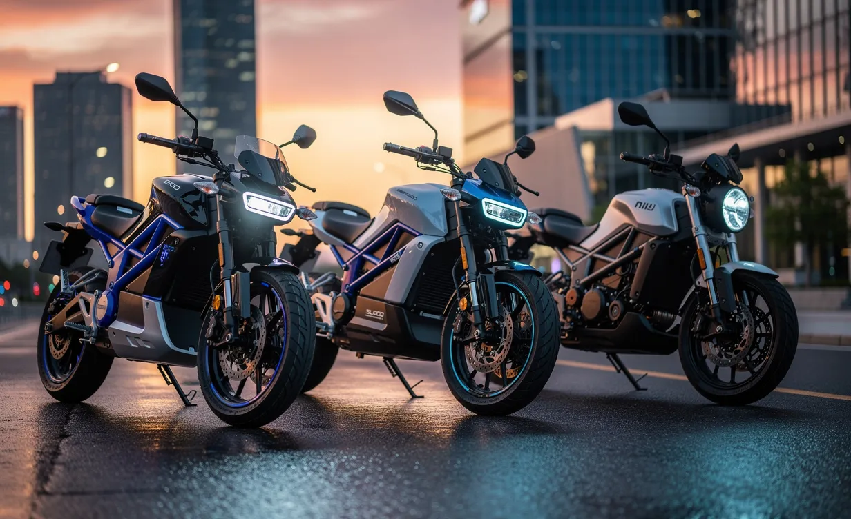 Trois motos électriques 125cc alignées sur une rue urbaine au coucher du soleil, leurs phares allumés reflétant la silhouette de la ville.