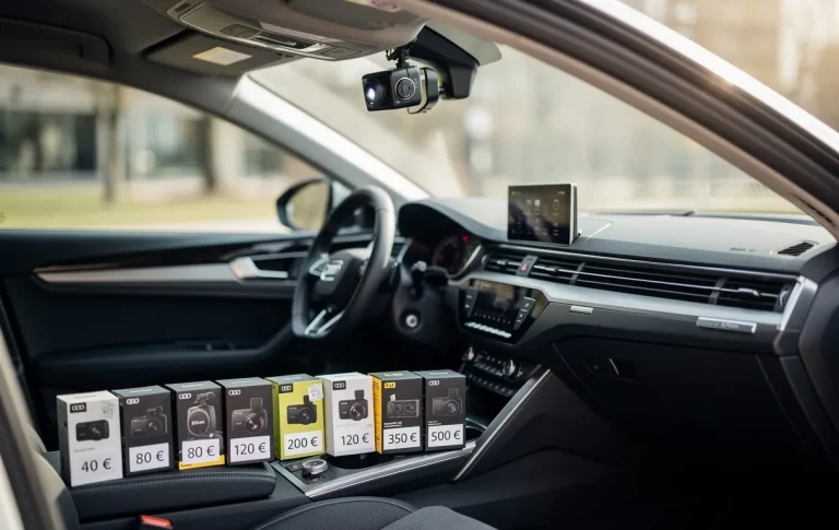 Tableau de bord moderne avec une dashcam fixée au pare-brise et plusieurs boîtes de dashcams aux prix variés posées sur le siège passager, sous une lumière douce.