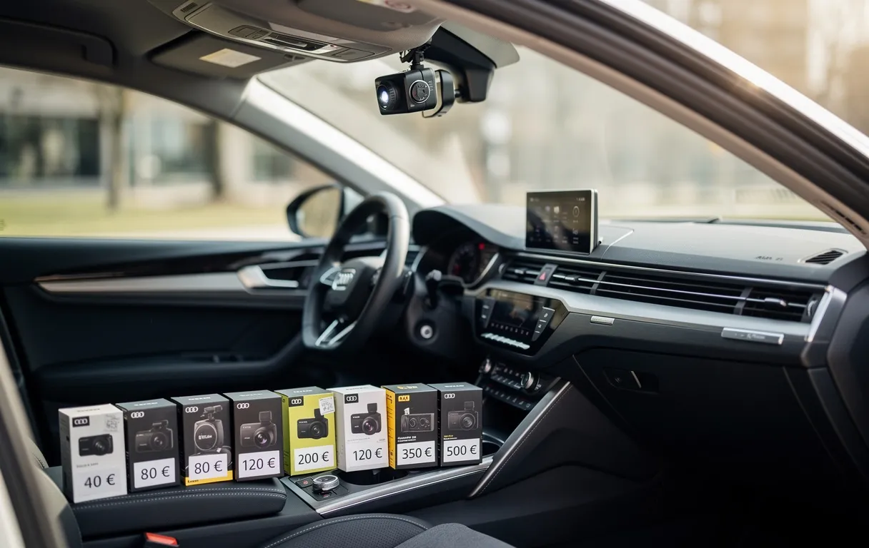Tableau de bord moderne avec une dashcam fixée au pare-brise et plusieurs boîtes de dashcams aux prix variés posées sur le siège passager, sous une lumière douce.