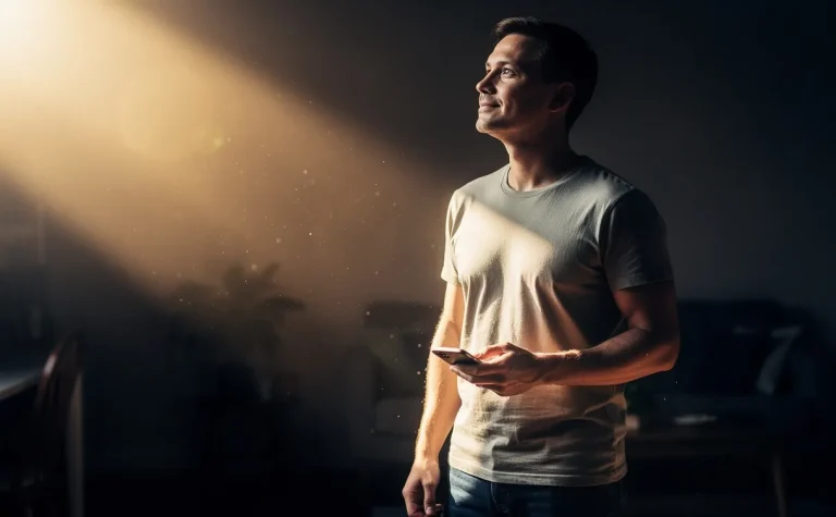 Un homme nommé Pog avance dans un rayon de soleil dans une pièce sombre, tenant son téléphone avec un regard empreint d’espoir.
