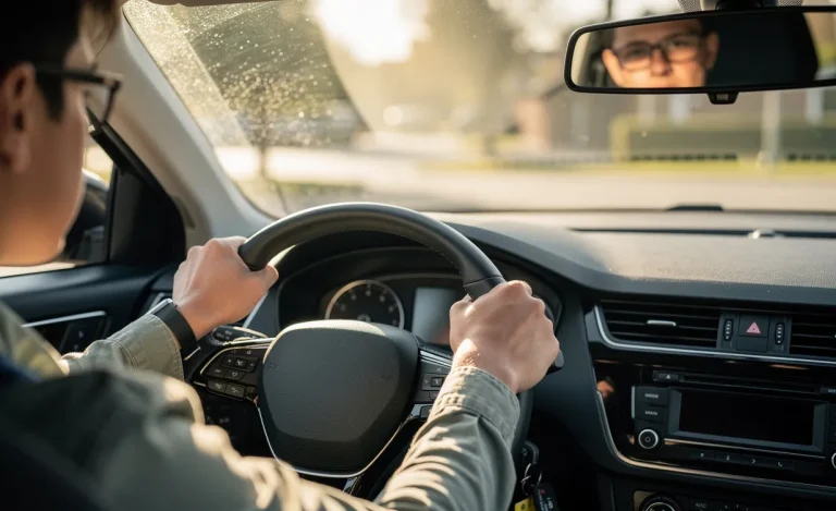 Un apprenti conducteur tient le volant d’une voiture arrêtée avec l’examinateur visible dans le rétroviseur sous la lumière du matin.