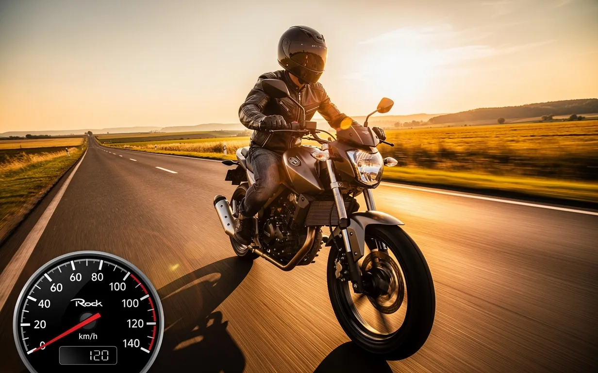 Un motard roule sur une Benda Rock 125 à environ 120 km/h sur une route dégagée, avec le paysage flou et la lumière dorée de fin d’après-midi.